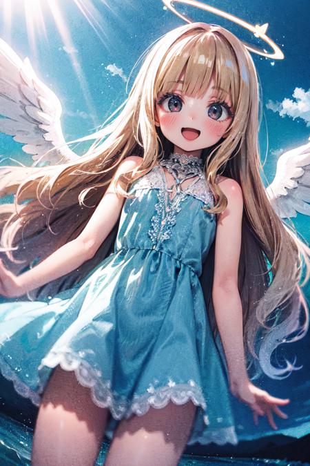 (1girl,cowboy shot,fisheye:1.2), dutch angle,
(halo,angel wings:1.2),soft focus,  (angelic girl, beautiful seascape, heavenly colors:1.3),
(Transparent of light:1.3), dispersion of light, scattering of light,  blonde hair, very long hair, wavy hair,smile,open mouth, 
an extremely delicate and beautiful,absurdres, highres,  (ultra detailed:1.0),