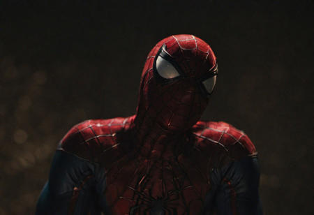 cinematic photo (spiderman), . 35mm photograph, film, bokeh, professional, 4k, highly detailed, realistic, detailed, photo realistic, sharp focus, 8k, Close-up, grim smile, relaxed pose, portrait movie shot, serious, menacing, chiaroscuro style photo, dark background, minimalism, dramatic lighting, professional quality, dull highlights and shadows, natural and  original,