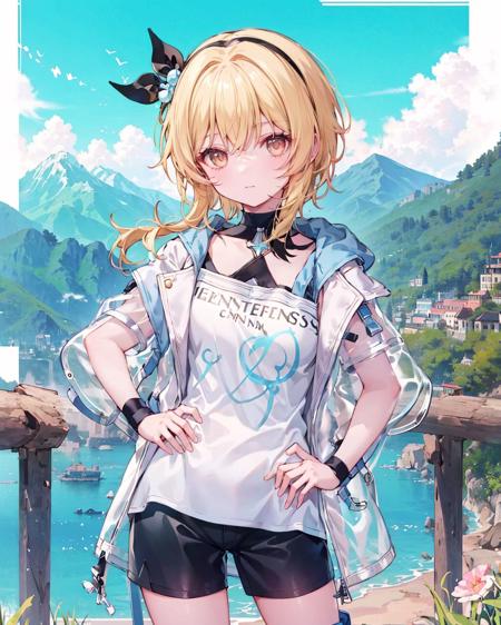 1girl,solo,, luminezjj,shirt,jacket, see-through, hand on hip,  <lora:[luminezjj,shirt,jacket]:1>,outdoors,mountainous horizon, short sleeves, shorts,