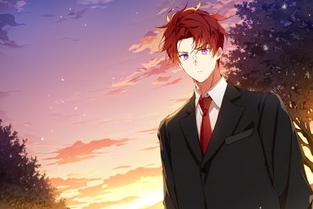 1boy, looking at viewer, spiked hair, red hair, purple eyes, light particles, sunset, outdoors, forest, dutch angle, business suit, red necktie, 
i shall master this family style,
masterpiece, best quality, 
<lora:i_shall_master_this_family_lycoris-000004:1>