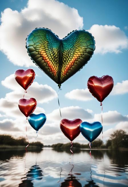Raw digital photo, rptlsknCE style, a Heart-shaped balloons made of reptile skin patterned, floating in air, glowing interfaces, metallic sheen, cloud,