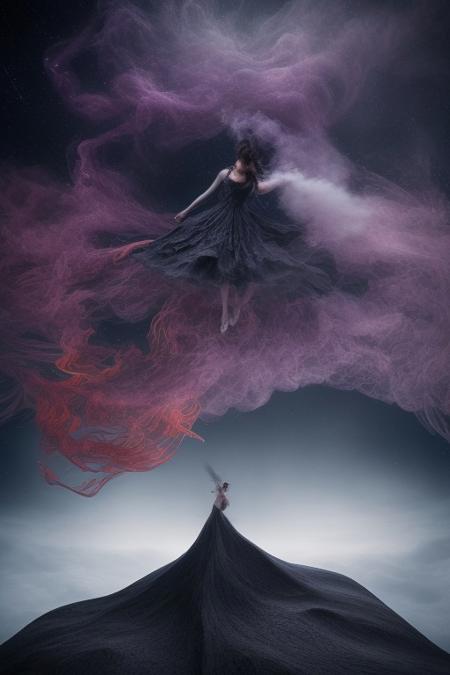 surreal, waltz of fractal smoke over the abyss, fantasy smoke, dresses and stars, dynamics, movement, wind, colorful, intricate details, perspective, hyper-detailed, hyper-realism, professional photoshoot