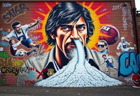 “A surreal and detailed mural of Diego Armando Maradona painted on a large urban brick wall, featuring multiple iconic moments of his career in a collage style. Maradona’s central figure is depicted with expressive eyes, his legendary long hair, and a radiant golden aura around his head symbolizing his legacy. From the nostrils of one prominent portrait, a 3D child slide emerges, winding down dramatically and covered in white powder, symbolically gathering in a pile on the floor. Around him, smaller depictions of his ‘Hand of God’ goal, his joyful celebrations, and a young Maradona playing in the streets of Buenos Aires are painted. The setting includes vivid graffiti tags and urban decay, creating a powerful mix of nostalgia and raw urban energy, with vibrant colors and symbolic contrasts highlighting his complex story.”