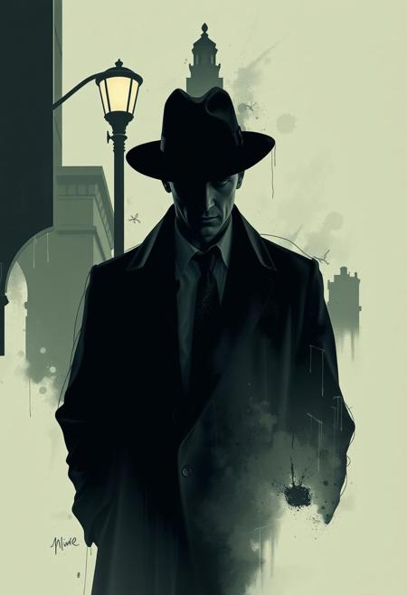 A noir-inspired moment, featuring a detective under a streetlamp, captured with cinematic depth and graphic urban framing., surrealism, abstraction, geometric forms, organic shapes, subconscious exploration, emotional landscapes, muted sophisticated colors, dreamlike elements, poetic structure, quiet introspection, fluid abstract forms, movement and transformation, subtle complexity, sense of mystery, contemplation