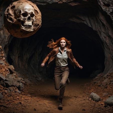Woman running towards the camera, inside a dark cave. A giant rocky sphere is behind her.
She's wearing a brown fedora, brown leather jacket, baggy pants.  There are lots of skulls and bones on the ground.
She has a worried look on her face.  She has long flowing orange hair.
A leather whip is coiled up on her hip.