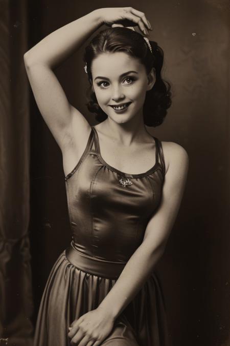 retro pin up photo , (Sepia:1.2), a circus acrobat girl.,1950s Fashion, MAKEUP ,Shoulder out, poses in front of the camera, Hollywood Smile, realistic photo 、Ballet poses