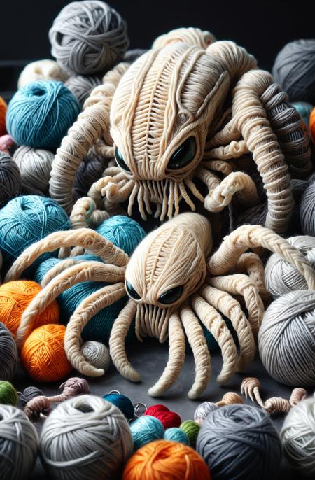 An improved cinematic 35mm photograph, shot on film, in 4k resolution with highly detailed, professional quality. This masterpiece features a close-up of a Facehugger made from Yarn, its alien structure intricately designed in extreme detail. The entire tiles, including the alien skin, is crafted entirely from yarn, giving it a tactile and surreal texture. The sharp claws and tails are made of smooth, reflective glass, catching the light in a polished, gleaming effect, contrasting with the yarn-based skin. The scene is captured with sharp focus, highlighting the deep textures of the yarn and the gleaming, glass claws. The composition is infused with the whimsical fusion of wool, glass, and metal in the yrnwrld <lora:Yarnworld:1> style, bringing this eerie, otherworldly hand to life in a striking, visually captivating way. The scene is enhanced with <lora:add-detail-xl:1> for added complexity and richness.