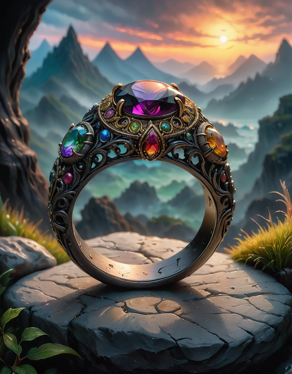 A Fantasy Ring with Gems and Precious Stones Sitting on Rocks in Nature.