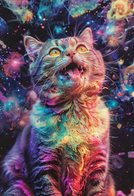 Product photograph, the 1980s, PsychadelicChaos, the universe, chaos, insane colors, the universe blowing up, insane colors, a universal cat, beautiful, epic, analog film grain, polaroid, DSLR