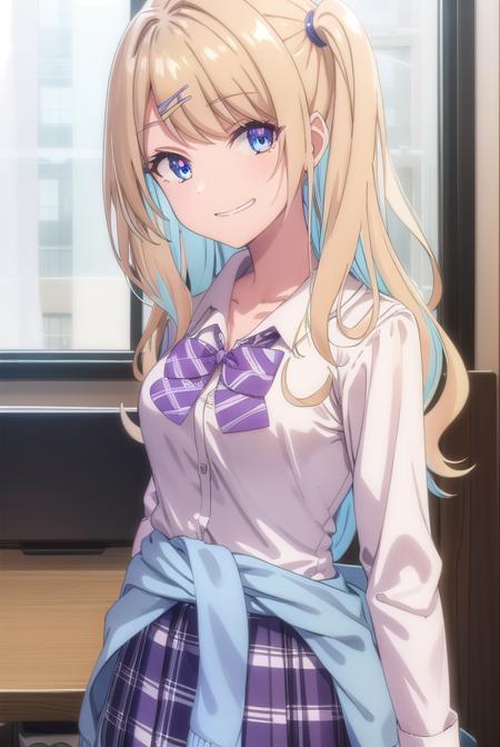 lunashirakawa, <lora:lunashirakawa-lora-nochekaiser:0.8>,
luna shirakawa, long hair, blue eyes, blonde hair, hair ornament, bow, multicolored hair, hairclip, <lora:talkmouth_I_v100:1>, smile,
BREAK skirt, shirt, thighhighs, bow, school uniform, white shirt, pleated skirt, shoes, black thighhighs, bowtie, blue skirt, plaid, plaid skirt, loafers, purple bow, clothes around waist, gyaru, purple bowtie,
BREAK looking at viewer,
BREAK indoors, classroom, (cowboy shot:1.5),
BREAK <lyco:GoodHands-beta2:1>, (masterpiece:1.2), best quality, high resolution, unity 8k wallpaper, (illustration:0.8), (beautiful detailed eyes:1.6), extremely detailed face, perfect lighting, extremely detailed CG, (perfect hands, perfect anatomy),