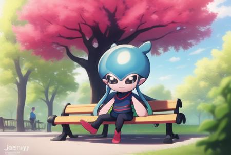 masterpiece,absurdres,best quality,solo,jellymon,2d,full body,outdoors,park,sitting on a bench,chibi,  <lora:Jellymon15:1>