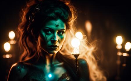 Close-up of full body shot by Stefan Gesell a female mystical gypsy holding a mysterious glowing sphere wisps of smoke Enchantress a Anime H style