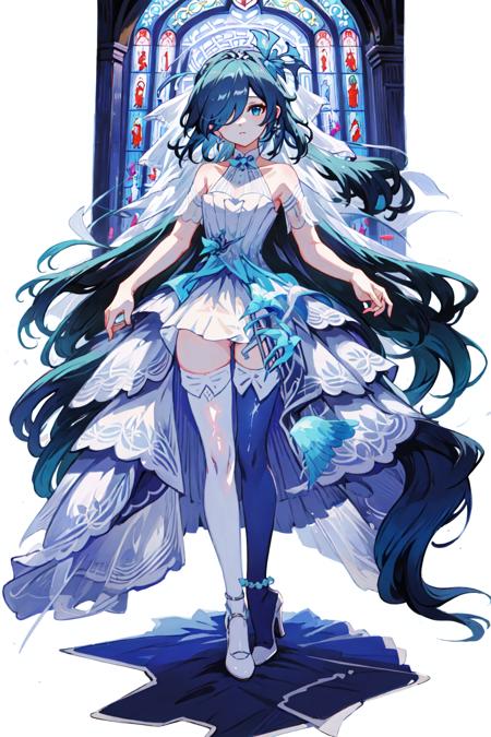 masterpiece, best quality,1girl,solo, Fu Hua\(Cerulean Court\),white background, hair over one eye,hair ornamet, <lora:Cerulean Court_v5.2:0.75>,wedding dress,,white high heels,thighhighs, <lora:lihui4JXK-b2-bf16-128-128-1-re1-ep3-768-DA-5015fix:0.5>,full body, (church:1.2),looking at viewer, small breasts,