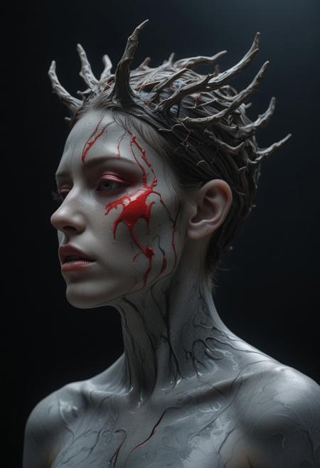 <lora:GeekyXL_Liquid_Marble:0.8>,liquid marbel, Woman portrait, dramatic makeup, (textured face:1.2) with red paint dripping,  dark gray and black textured areas,  (flowing red paint: 1.1),  headpiece resembling thorny branches,  profile view,  looking slightly away from the viewer,  mid-shot,  dark background,  strong contrast,  cinematic lighting,  dark colors,  photorealistic style,  high detail,  close-up,  artistic,  avant-garde makeup,  (detailed paint application:1.3),  studio shot, (model posture:1.1),  dark tones, atmospheric portrait.