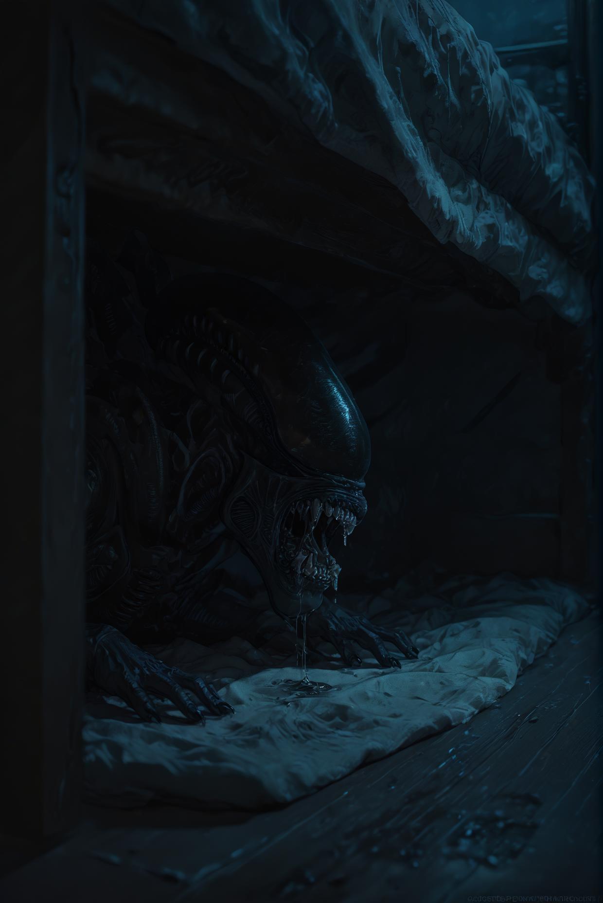 source_anime, rating_safe, night, dark, under bed focus, alien (franchise), xenomorph, teeth, no humans,  1other, intricately detailed illustration, atmospheric perspective,wet,fangs drooling,metal reflection,Tetris,
<lora:sdxl_lightning_8step_lora:1>
<lora:xenomorph_pdxl:1>
<lora:Under_The_Bed:1>
<lora:dark:0.3>
score_9, score_8_up, score_7_up,score_6_up,dark blue theme,
masterpiece, best Quality,dispersion effect,steam,
depth of field, realistic shading, horror (theme),