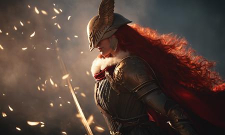 cinematic still malenia, 1girl, red hair 1girl, solo, long hair, dress, holding, very long hair, closed mouth, weapon, red hair, sword, cape, holding weapon, armor, holding sword, helmet, red cape, mechanical arms, covered eyes, single mechanical arm, prosthesis, prosthetic arm, winged helmet . emotional, harmonious, vignette, highly detailed, high budget, bokeh, cinemascope, moody, epic, gorgeous, film grain, grainy