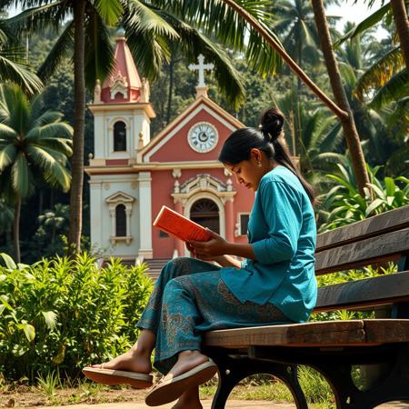 score_9, score_8_up, score_8, highly detailed, A 18 yo Bolivian woman is sitting on a bench across a church, holding a book, reading, very hot summer day, jungle.