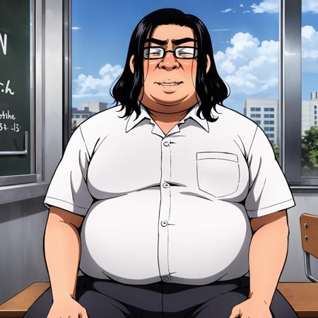 kimootasenpai,1boy,black hair,medium hair,eyewear,fat man, school_uniform,