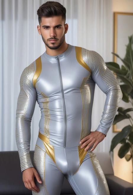 a strong 24-year-old spanish hunk male, with a side fringe curtains undercut hairstyle, detailed face, mindless expression,  wearing a skin tight light-gray rubber suit with silver and gold electronics circuits patterns, wearing a light-gray rubber jockstrap, on a modern living room, standing at attention pose, full body visible, looking at viewer, portrait, photography, detailed skin, detailed rubber texture, realistic, photo-realistic, 8k, highly detailed, full length frame, High detail RAW color art, diffused soft lighting, shallow depth of field, sharp focus, hyperrealism, cinematic lighting