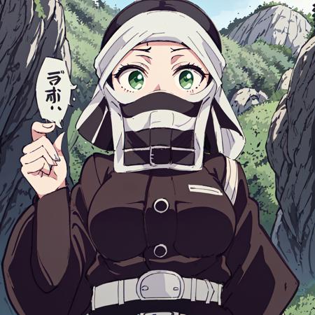 <lora:Kakushi_Girl-10:1>outdoor,forest,high quality,Masterpeace,Kakushi_Girl, 1girl, solo, black hair, green eyes, belt, horizontal stripes mask, black and white mask, white belt, demon slayer uniform,bandana,short hair,forehead