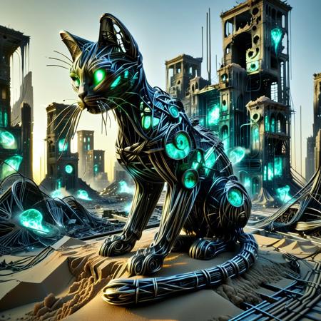 (feral cat swarm made of wires:1.5)
(Trippy Morph: Wires & Neon, neon, glowing wires, cables, outlined with neon filaments, neon wire sculpture:1.5)
masterpiece, best quality, ultra-detailed, high resolution, absurdres, newest, cinematic depth of field, volumetric lighting, dramatic shadows, amazing quality, foreshortening, dynamic view, surreal horror, dystopian atmosphere, (dark sci-fi setting, ruined desert city, scorched sky, twisted metal debris, burning sand,:2) glitch haze, melting geometry
A transparent cat swarm , melting glass in a nightmare dystopia. Its fluid glass form drips under radioactive heat, semi-liquid and deformed. Inside, tangled neon wires and circuits pulse and flicker — vibrant blues, magentas, acid green. Veins of light twist violently through the translucent body.
 transparent glass cat swarm , neon wiring core, melting, wires-focused, neon horror, cyber-organic fusion, nightmarish sci-fi, post-apocalyptic ruin, melting creature, dissolving into Wires & Neon, surreal circuitry