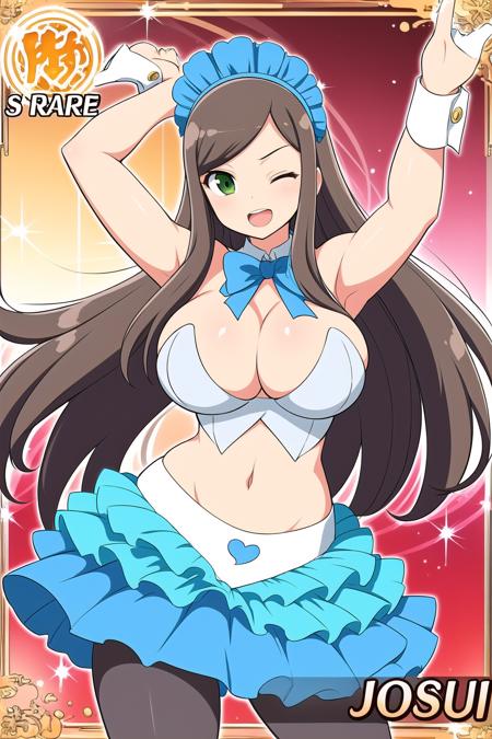 (masterpiece, best quality), highly detailed background, perfect lightingbest quality, josuiSK, solo, brown hair, maid headdress, long hair, one eye closed, green eyes, large breasts, bare shoulders, white jacket, cleavage, blue bowtie, wrist cuffs, navel, blue skirt, frilled skirt, black pantyhose, smile, open mouth, <lora:Josui_Senran-Kagura:0.7>