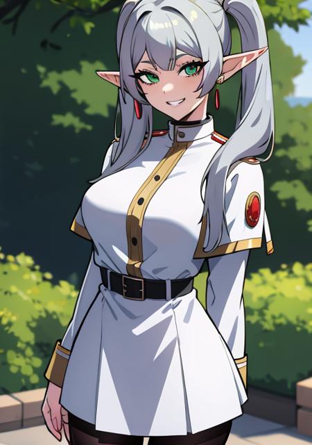 <lora:frieren:0.6>, frieren, 1girl, solo, long hair, breasts, looking at viewer, smile, bangs, long sleeves, dress, twintails, jewelry, green eyes, grey hair, pantyhose, cowboy shot, earrings, outdoors, parted lips, day, pointy ears, striped, belt, white dress, grin, arm up, black pantyhose, capelet, elf, arm behind back, black belt, white capelet ,