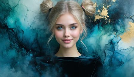 Oil painting rendered in ethereal pastels, hyper-close Dutch tilt framing: a cherubic blonde woman leans forward, messy pigtails cascading over blunt bangs, stray golden strands backlit like filaments. Thick pink lips part in a blushing smirk, cyan-blue eyes locking the viewer under brows veiled by hair. Matte black velvet dress dissolves into swirling indigo ink blooms, pooling at her collarbone. Palette: crushed lavender blush, powdered sugar highlights, inky voids. Makoto Fujimura-inspired nihonga marbling meets Klimt-esque gilt textures. Diffused studio light fractures through airborne ink droplets—innocence laced with liquid chaos.