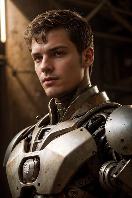 realistic, masterpiece, intricate details, detailed background, depth of field, cinematic, photo of a handsome man, wearing a worn mech suit, rusted metal, sharp focus, photo by mark henderson, soft lighting, vibrant colors, looking at viewer, robot eyes, portrait, close up, science fiction,