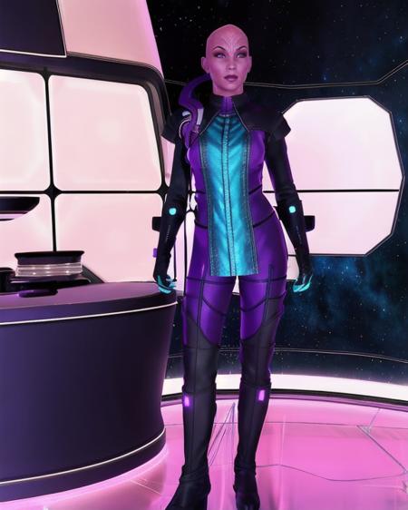 kuumaarke female alien bald pink skin black eyebrows ridges on forehead ridges on side of nose magenta eyes wearing dark purple and teal sci-fi lukari armor suit wearing gloves with glowing teal fingertips wearing tall boots