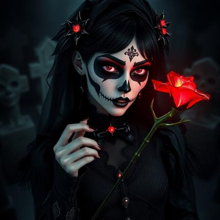 1girl, mysterious, hyper-realistic, despotically evil vampire queen, detailed argular scary face, goth sugar skull make up, jet black hair, black malachite crystal victorian dress with sharp jagged textures, Black Soul Gem Eyes, skull tiara with ebony accents, vampire fangs, glowing bioluminescent accents, holding scepter carved from bone with a red crystal skull on th end, haunting cemetery background, black glass floor, dim lighting, matte color tones, flat color style, horror fantasy, intricate details, cinematic shading, reij-blckprlglss, aidmaImageUpgrader