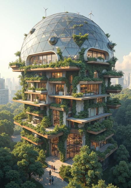 Vertical biodome complex with integrated solar glass panels and wind turbines, surrounded by cascading vertical gardens and geothermal vents. Recycled aluminum and cross-laminated timber structure housing hydroponic farms and rainwater filtration systems. Green roofs with native vegetation and pollinator habitats. Self-regulating microclimate through passive solar design and thermal mass walls. 8K photorealistic rendering, intricate details, soft daylight, environmental harmony, masterpiece of sustainable innovation. <lora:sxz-Dark-Fantasy-v2-Flux:0.2> <lora:Ganin_II:0.5> <lora:Mezzotint_Artstyle_for_Flux_-_by_Ethanar:0.1> <lora:Bruce Holwerda:0.1> <lora:CPA:0.4> <lora:flux_dev:1>