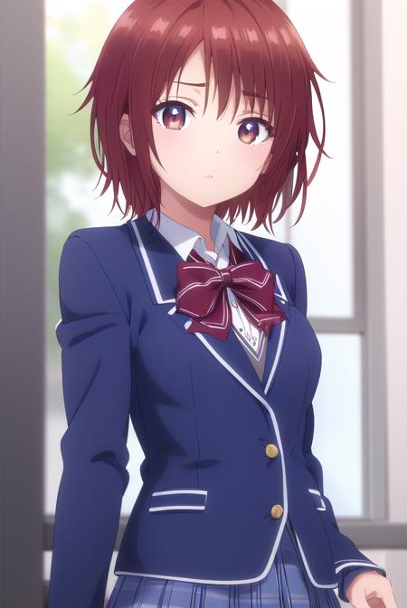 chitoseshirakawa, <lora:chitose shirakawa s1-lora-nochekaiser:1>,
chitose shirakawa, short hair, (brown eyes:1.5), red hair,
BREAK skirt, bow, school uniform, jacket, pleated skirt, plaid, plaid skirt, blazer, cardigan,
BREAK indoors, classroom,
BREAK looking at viewer, (cowboy shot:1.5),
BREAK <lyco:GoodHands-beta2:1>, (masterpiece:1.2), best quality, high resolution, unity 8k wallpaper, (illustration:0.8), (beautiful detailed eyes:1.6), extremely detailed face, perfect lighting, extremely detailed CG, (perfect hands, perfect anatomy),