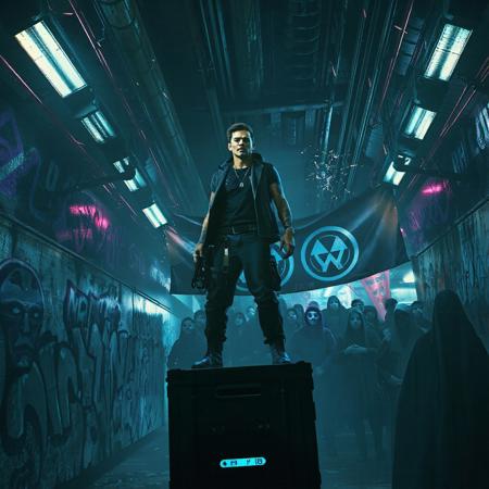 Deep beneath the polished towers of the Neon Empire, in the forgotten alleys and flickering underworld, a rebellion is born.
In a darkened subway terminal painted with holographic graffiti and the ghosts of empire, a lone rebel stands atop a crate, addressing a masked crowd.
Their face glows in the pulsing neon — defiant, scarred, half-cybernetic.
Behind them, banners ripple with anti-empire glyphs.
The crowd is diverse: former soldiers, hacked androids, cloaked data-smugglers, rogue AI priests.
Sparks fly from overhead cables; the city above doesn't know it's already cracking.
Cyberpunk underground resistance, cinematic 8K, tense shadows, neon graffiti, gritty detail, dynamic pose, dark rebellion energy.
