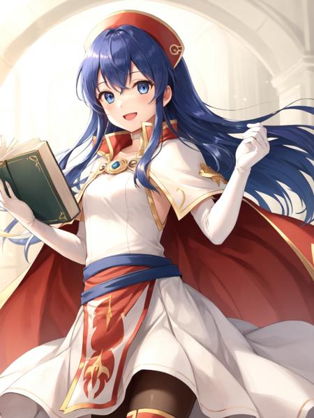 <lora:Lilina_FE-10:0.9>, lilina fe, 1girl, solo, looking at viewer, smile, open mouth, gloves, hat, dress, holding, pantyhose, boots, elbow gloves, white gloves, cape, white dress, book, knee boots, holding book, magic