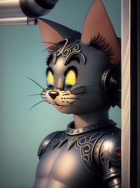 <lora:TomAndJerry:1.0> a cute tom made out of metal, (cyborg:1.1), ([tail | detailed wire]:1.3), (intricate details), hdr, (intricate details, hyperdetailed:1.2), cinematic shot, vignette, centered