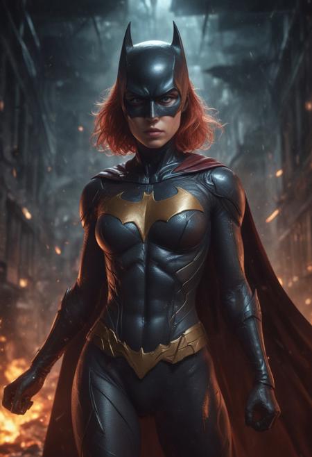 High resolution ultra-realistic of beautiful realistic  Batgirl is fighting a battle, cinematic style, standing on a bloody and stormy battlefield in a fighting pose, bloody massacre, realistic modern combat costume, black mask, red cape, perfect athletic figure, wavy red hair, handsome dirty bloody face, beautiful perfect detailed pupils, wet oily shiny skin, covered in dirt and blood, beautiful firm Breasts, defiant and seductive, sexy 20 year old girl, 8k resolution concept art portrait by Greg Rutkowski, Dark Gotham City, realistic blue eyes, full body, Artgerm, WLOP, Alphonse Mucha, dynamic lighting, hyperdetailed, intricately detailed, Splash art trending on Artstation triadic colors, Unreal Engine, 5 volumetric lighting, Cinematic Lighting, intricate, smooth, sharp focus digital painting, Asymmetrical Balance, painting, dynamic lighting