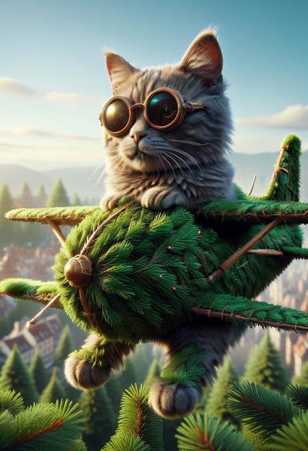 fir needle style, (made out of fir needles:1.3), flying cute small airplane, cat sit on, wear round goggles, flying above city, cinematic, cinematic lighting, (masterpiece, best quality:1.4), ultra-high res, 4k, Photorealistic, insanely detailed, sfw,