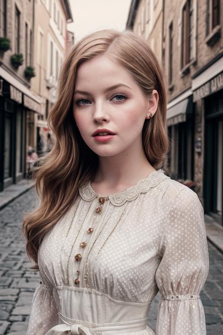 EllieB_SoloTI_v1,
(Clad in a retro polka-dot dress with a cinched waist and pearl accessories, complemented by a classic updo), (Amidst a quaint town square, with cobblestone streets lined with charming boutiques and antique shops, where time seems to stand still:1.3), (seductive:1.3),(analog, cinematic, film grain, hazy atmosphere, cinematic shot:1.3), 
 <lora:add_detail:0.6>, PA7_Portrait-MCU,