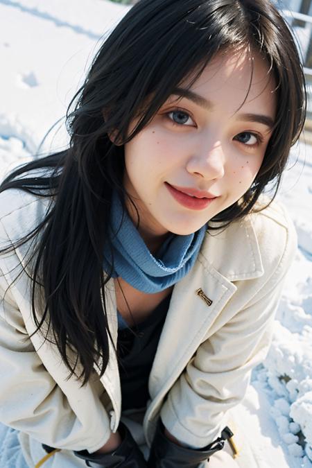 <lora:GirlfriendMix_v1:1>,(close-up:1.4),
(RAW photo:1.2), (photorealistic:1.4),(masterpiece:1.3),(best quality:1.4), dreamlike, (detailed eyes),(detailed facial features), (detailed clothes features), skin tight, (shiny skin),(slender girl),(slim girl), 1girl, ((full body)),solo, cute,smlie,(medium breasts), bangs, straight hair, long hair, black hair, black eyes, crystal pendant, Long blue scarf,White long wool coat,Black thick pantyhose,Brown snow boots, <lora:film:0.6>