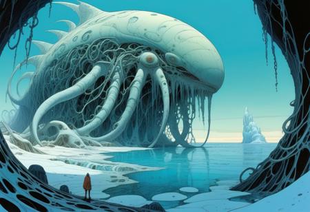 Landscape, Moebius (Jean Giraud) Style page, ocean, ice, 
dark, vines, giant sea creatures