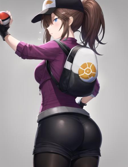 <lora:Pkmngofemale-08:0.7> Pkmngofemale, 1girl, solo, long hair, blue eyes, simple background, brown hair, gloves, hat, holding, jacket, ponytail, ass, cowboy shot, shorts, choker, black gloves, belt, fingerless gloves, bag, backpack, outstretched arm, baseball cap, yellow background, cropped jacket, poke ball, adjusting clothes, poke ball (basic), holding poke ball, leggings, black leggings