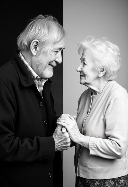 old man meeting an old lady, the image is separated in two halves. one side is black and white with the old man on a black background. the opposite is in color with the woman over a white background. both looking at one another, hands touching in the middle,