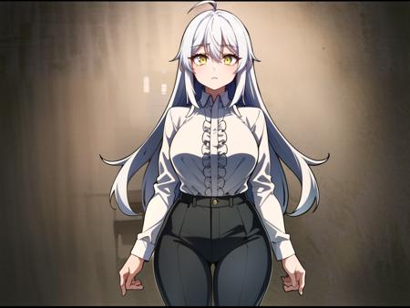 (masterpiece, best quality), intricate details, solo , 1girl , CielLion, long hair,white hair,ahoge, yellow eyes, (( facing view )),((( cowboy shot ))) <lora:CielLionhart-10:0.75>, black pants,white shirt,shirt,thick tights,wide hips,large breasts