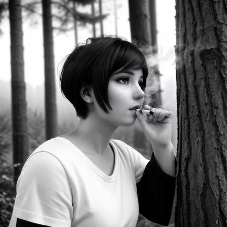 <lora:Wrise_Mei:0.8>
 woman smoking a cigarette in a black and white photo with trees in the background and a white shirt on, smoke, a character portrait, transgressive art