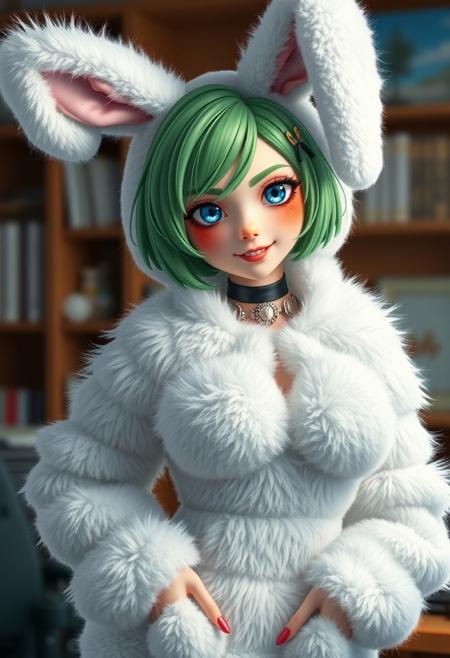 ultra realistic photo,8k,
fluffy body, anthro rabbit female, highly detailed, solo, office, 1 girl, green hair, short hair, blue eyes, bunny ears, white fur, horny smile, dominance, big breasts, bunny suit, bunny dress, choker, standing, ass, ass view, focus on ass