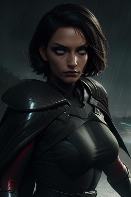 Trilla, short hair, green eyes, eye bags, eye shadow, looking at viewer,  serious, 
upper body,  close up,
TriArmor,cape,,armor,black gloves,tight bodysuit,black footwear,black cape,black pants,
raining,metal platform,night,
(insanely detailed, beautiful detailed face, masterpiece, best quality),<lora:Trilla:0.7>,