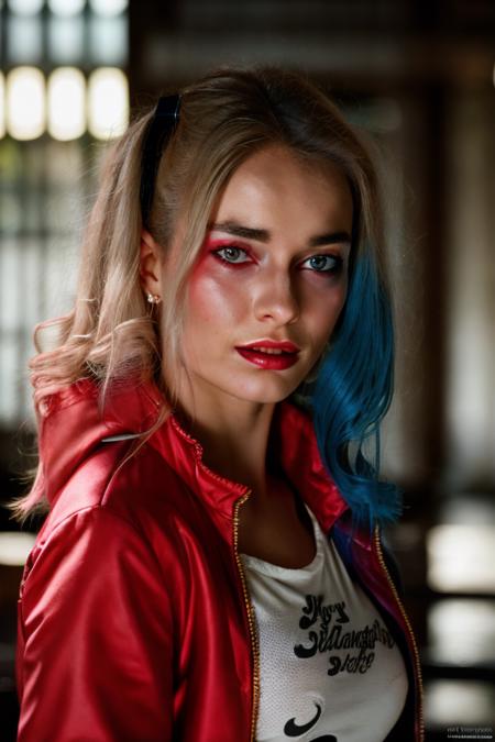 (close-up, editorial photograph of a DanicaFace, red blue jacket), (highly detailed face:1.4), (background inside dark, moody, private study:1.3), full body portrait, by lee jeffries, nikon d850, film stock photograph ,4 kodak portra 400 ,camera f1.6 lens ,rich colors ,hyper realistic ,lifelike texture, dramatic lighting , cinestill 800, quinn_costume  <lora:quinn:1.05>,  DanicaFace  <lora:DanicaFace-000001:1>