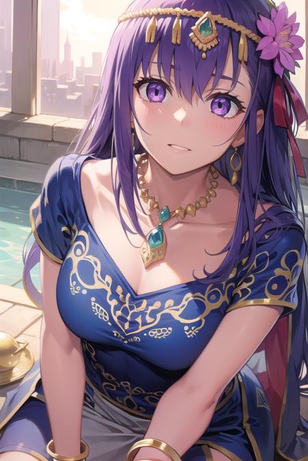 parvati, long hair, (purple eyes:1.1), purple hair, bracelet, flower, hair flower, hair ornament, indian clothes, jewelry, necklace, side slit,