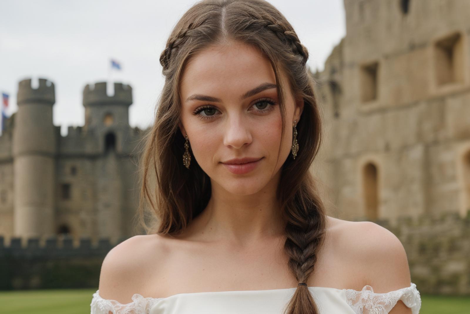 A woman wearing a braid and earrings poses in front of a castle.